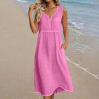 Women Linen Midi Dress V Neck Sleeveless Side Pockets