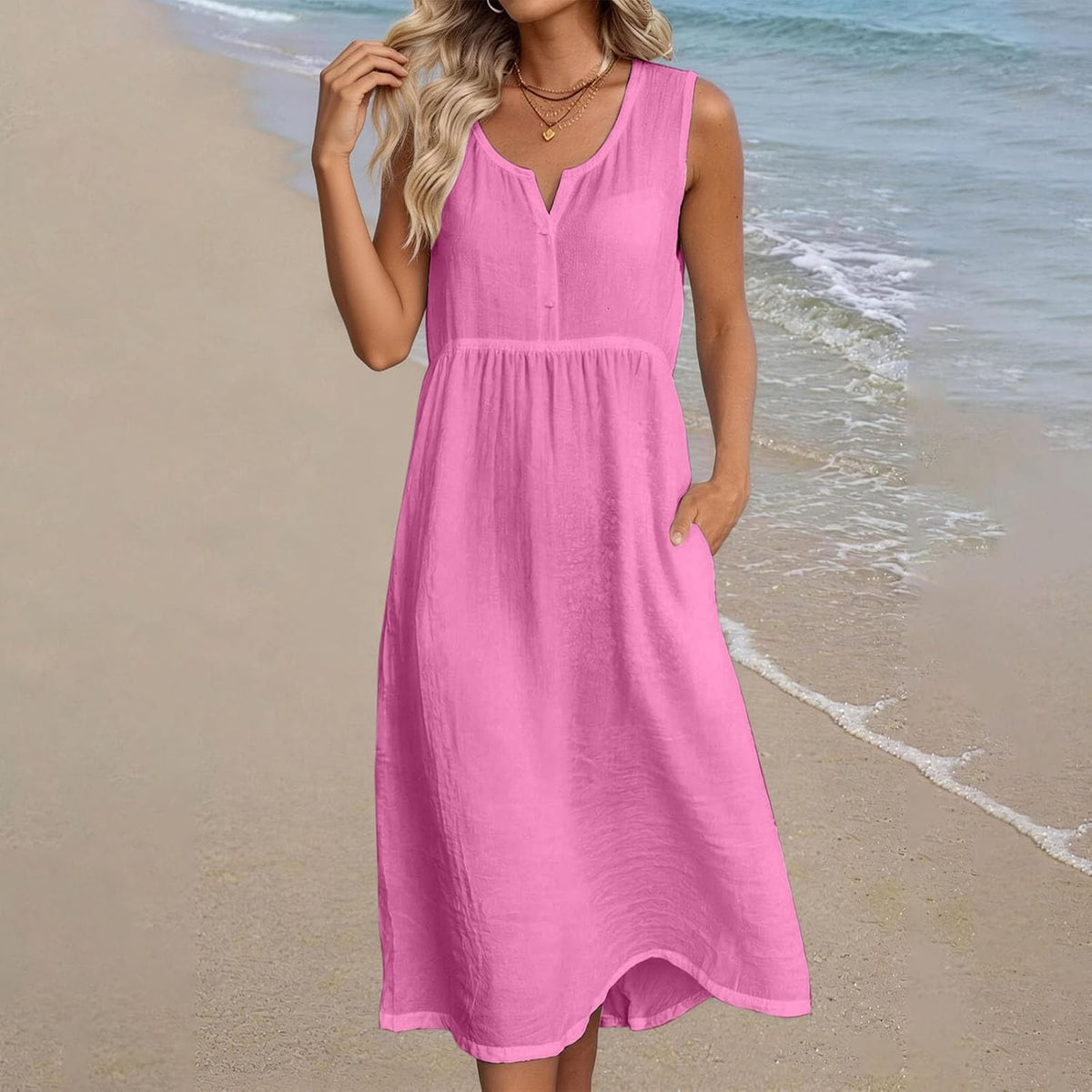 Women Linen Midi Dress V Neck Sleeveless Side Pockets