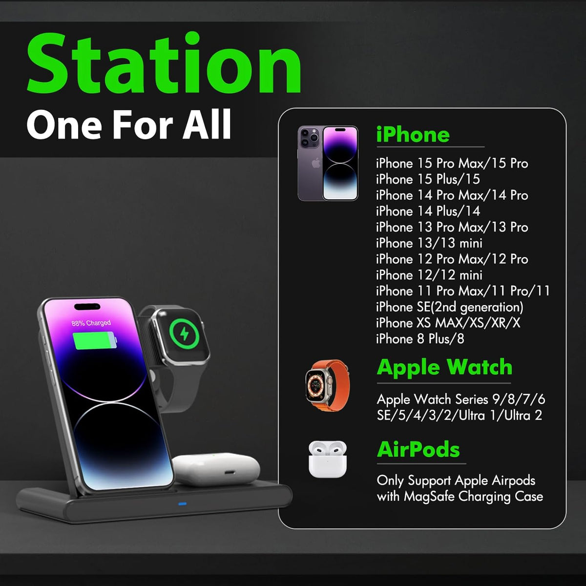 Cleo | 3-in-1 Wireless Charger Stand | iPhone, Apple Watch & AirPods | Fast 18W