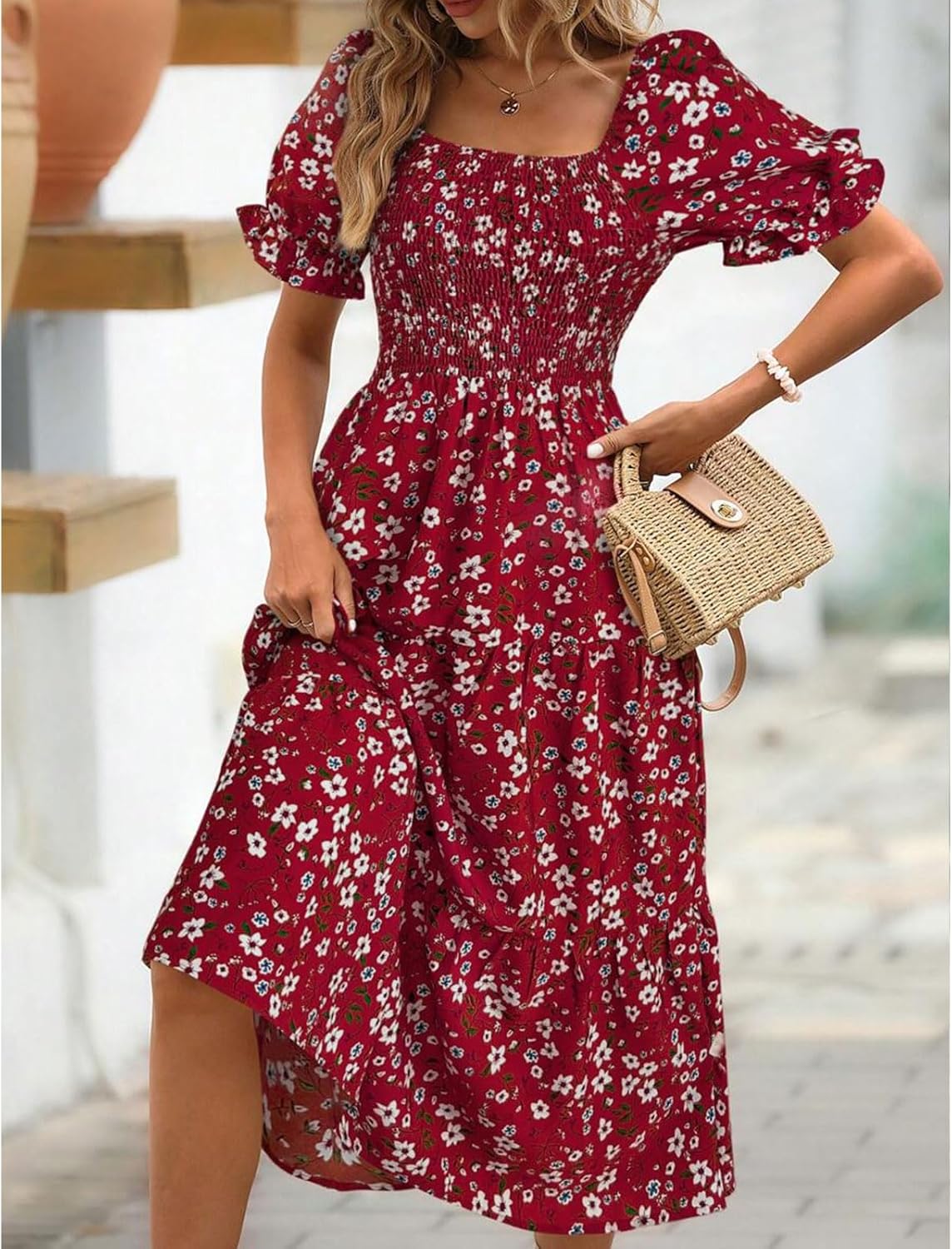 Nina | Women's Mini Dress | Floral, Puff Sleeves, Tied Waist | Summer