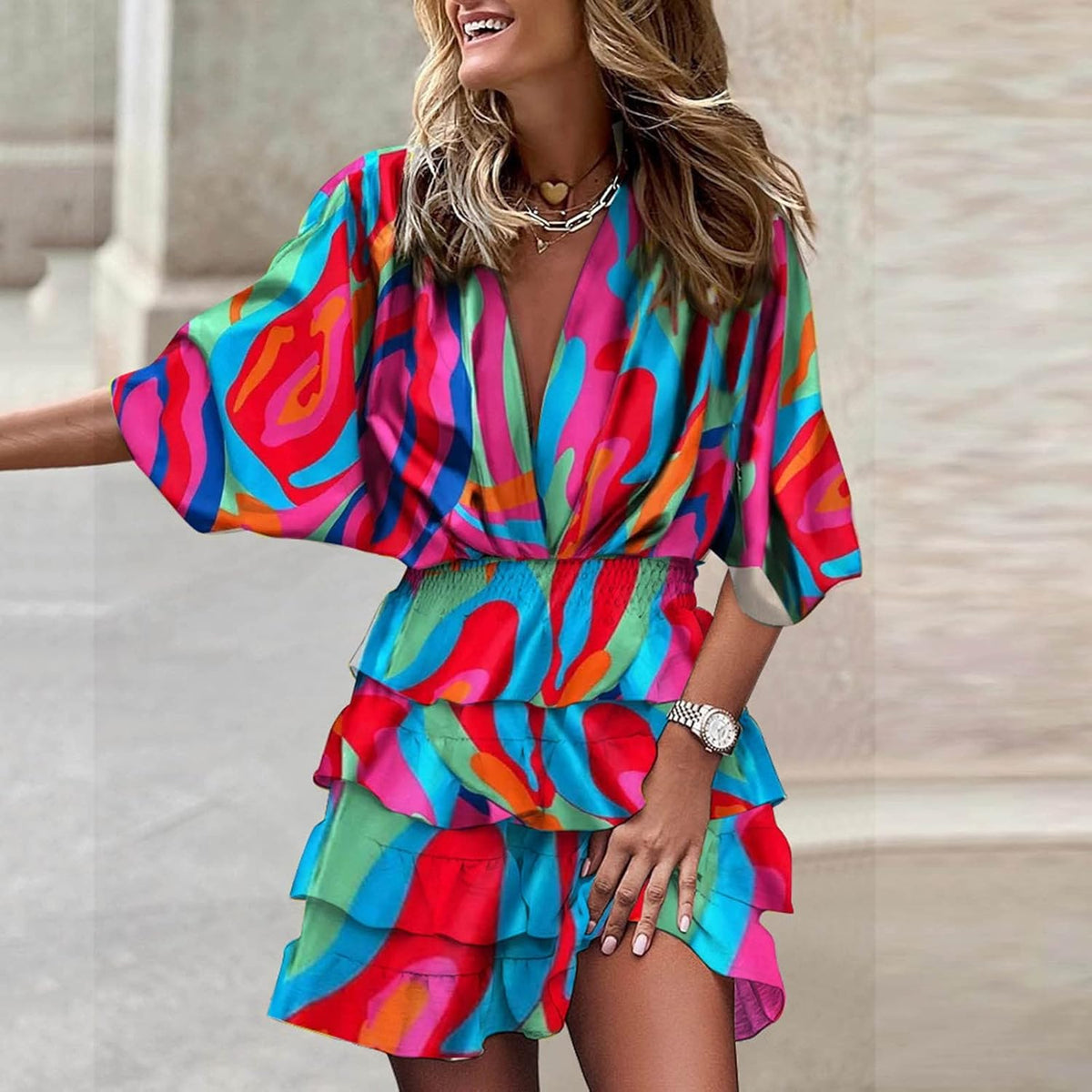 Alba | Women's Midi Dress | V-Neck, Ruffle, High Waist | Flowy A-Line