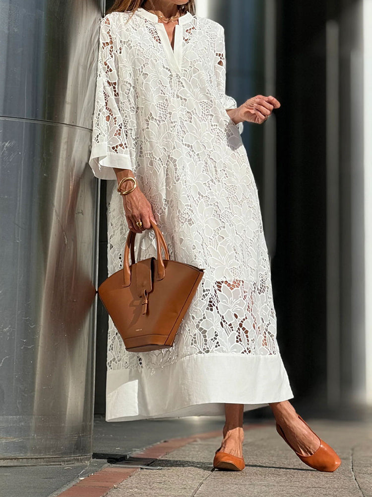 Women Lace Dress V-Neck Embroidery White Floral | Freya