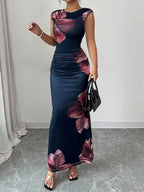 White Maxi Dress Sleeveless Bodycon Floral Print Round Neck