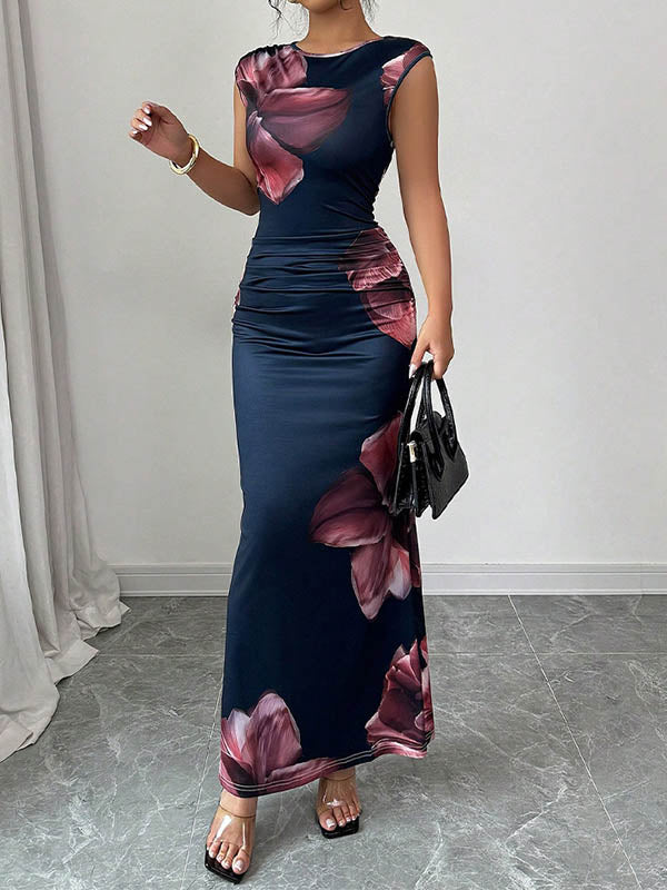 White Maxi Dress Sleeveless Bodycon Floral Print Round Neck