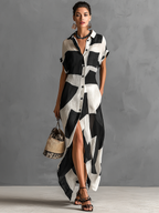 Shirt Dress Women Cotton Linen Geometric Print Maxi | Rosalind