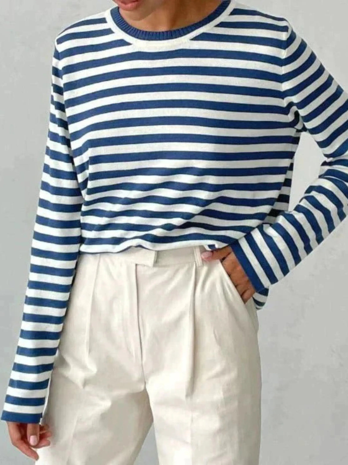 Marlow | Striped Knit Sweater | Women's Relaxed Fit | Round Neck, Long Sleeve
