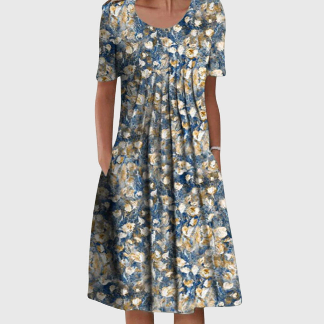 Summer Dress Women Printed Round Neck Layered Tummy Coverage