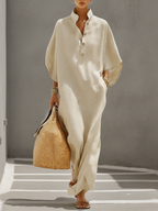 Linen Dress Women Maxi Oatmeal Relaxed Fit Mandarin Collar Casual