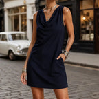 Mini Dress Women Cowl Neck Sleeveless Shift Side Pockets