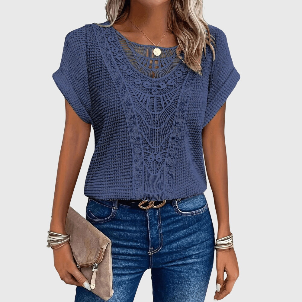 Mila | Women's Openwork Blouse | Short Sleeve, Round Neck | Loose Fit