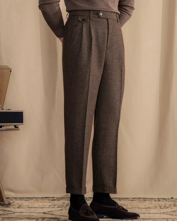 Esma | Men's Wool Trousers | High Waist, Pleated Front | Herringbone