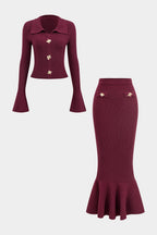 Women 2 Piece Knit Set Midi Skirt Ruffle Hem