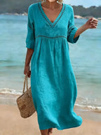 Summer dress women lightweight cotton V neck flowy, breathable fabric