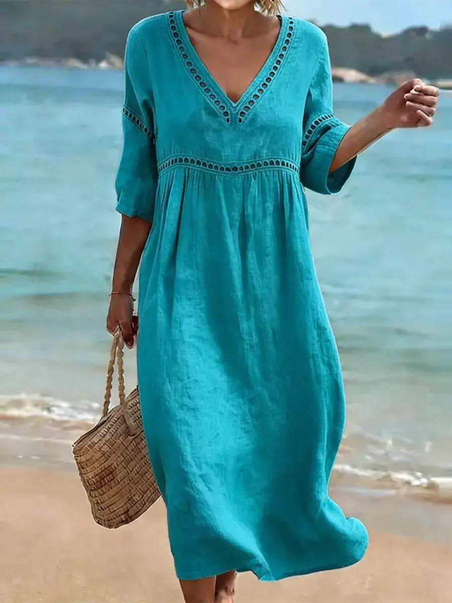 Summer dress women lightweight cotton V neck flowy, breathable fabric