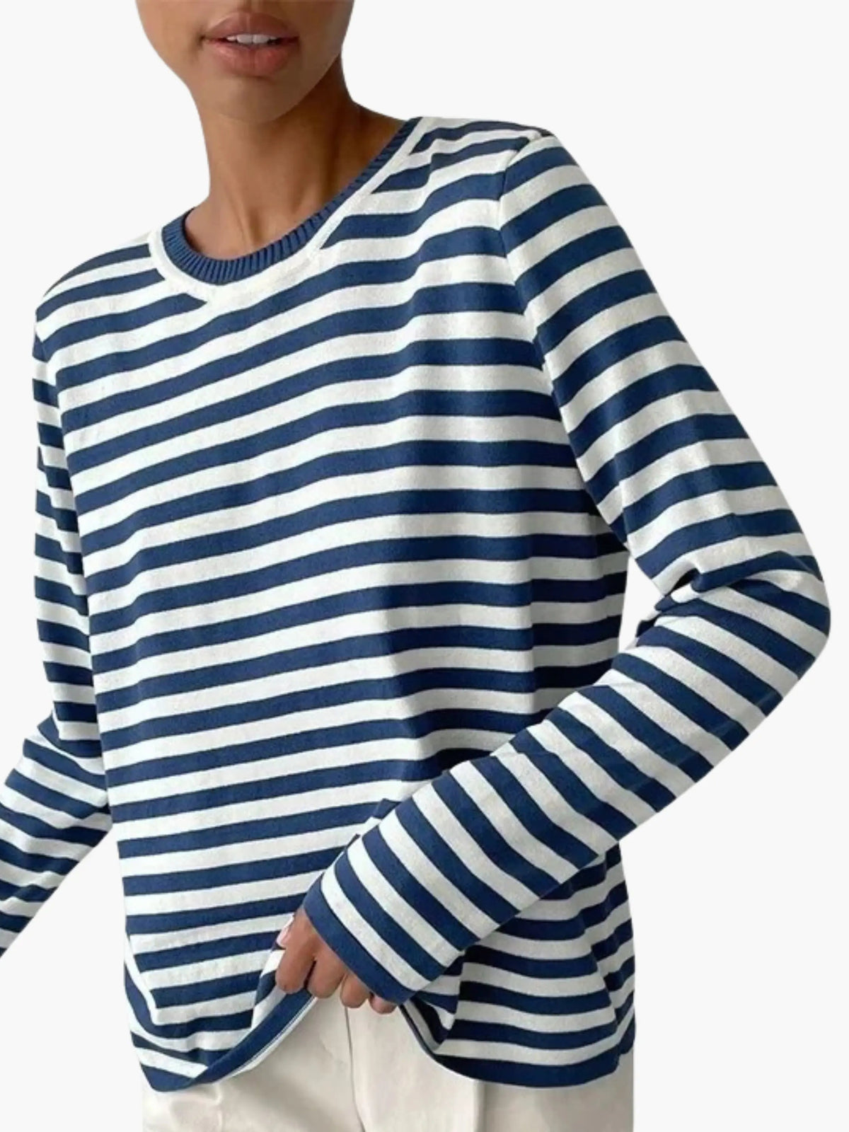 Marlow | Striped Knit Sweater | Women's Relaxed Fit | Round Neck, Long Sleeve