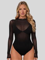Tamsin | Women's Mesh Bodysuit | Harness Layering, Long Sleeve | Nude, Black