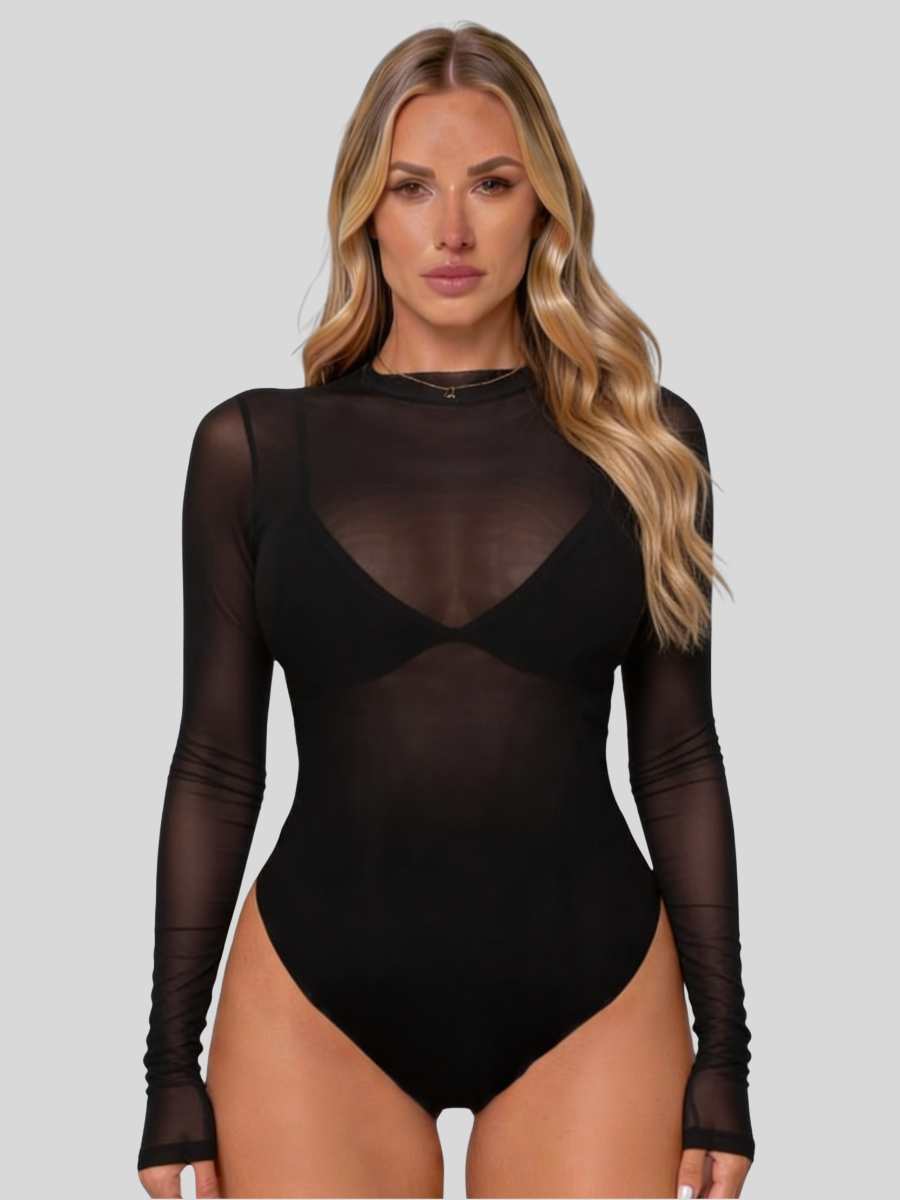 Tamsin | Women's Mesh Bodysuit | Harness Layering, Long Sleeve | Nude, Black