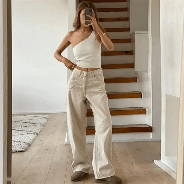 Women Wide Leg Flared Trousers Beige