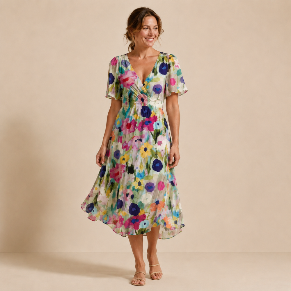 Floral Midi Dress Women Lightweight Stretch V Neck Empire Waist