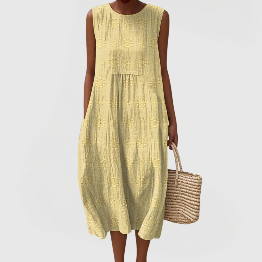 Floral Dress Women Sleeveless Midi Embroidered Side Pockets Summer