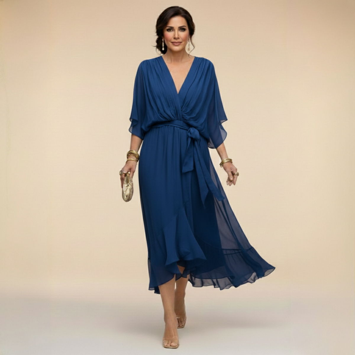 Midi Dress Women Lightweight Flowy Relaxed Fit V Neck Flared Hem
