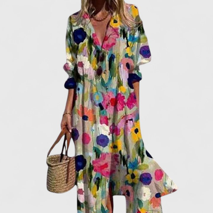Della | Boho Dress | Women's Floral Midi, Bold Colors | All-Occasion