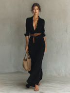 Thea | Maxi Dress | Lapel V-Neck, Belted Waist, Long Sleeve | Cotton Tencel