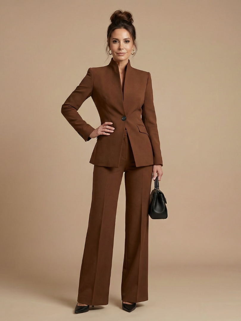 Women 2 Piece Suit Stand Collar Flared Trousers
