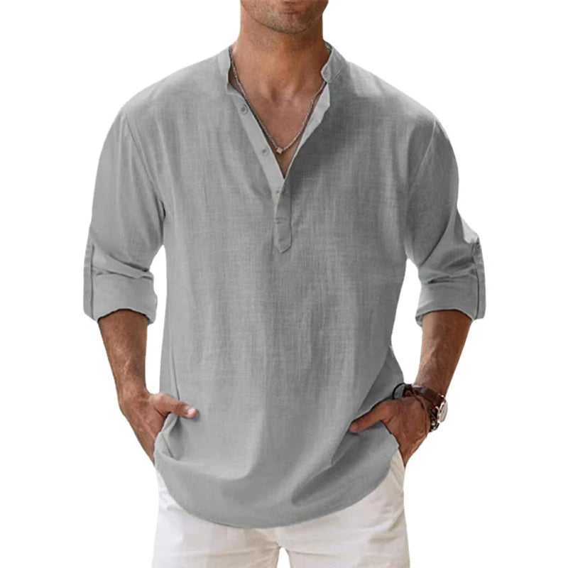 Men Linen Shirt Henley Lightweight Long Sleeve Button Neck Casual