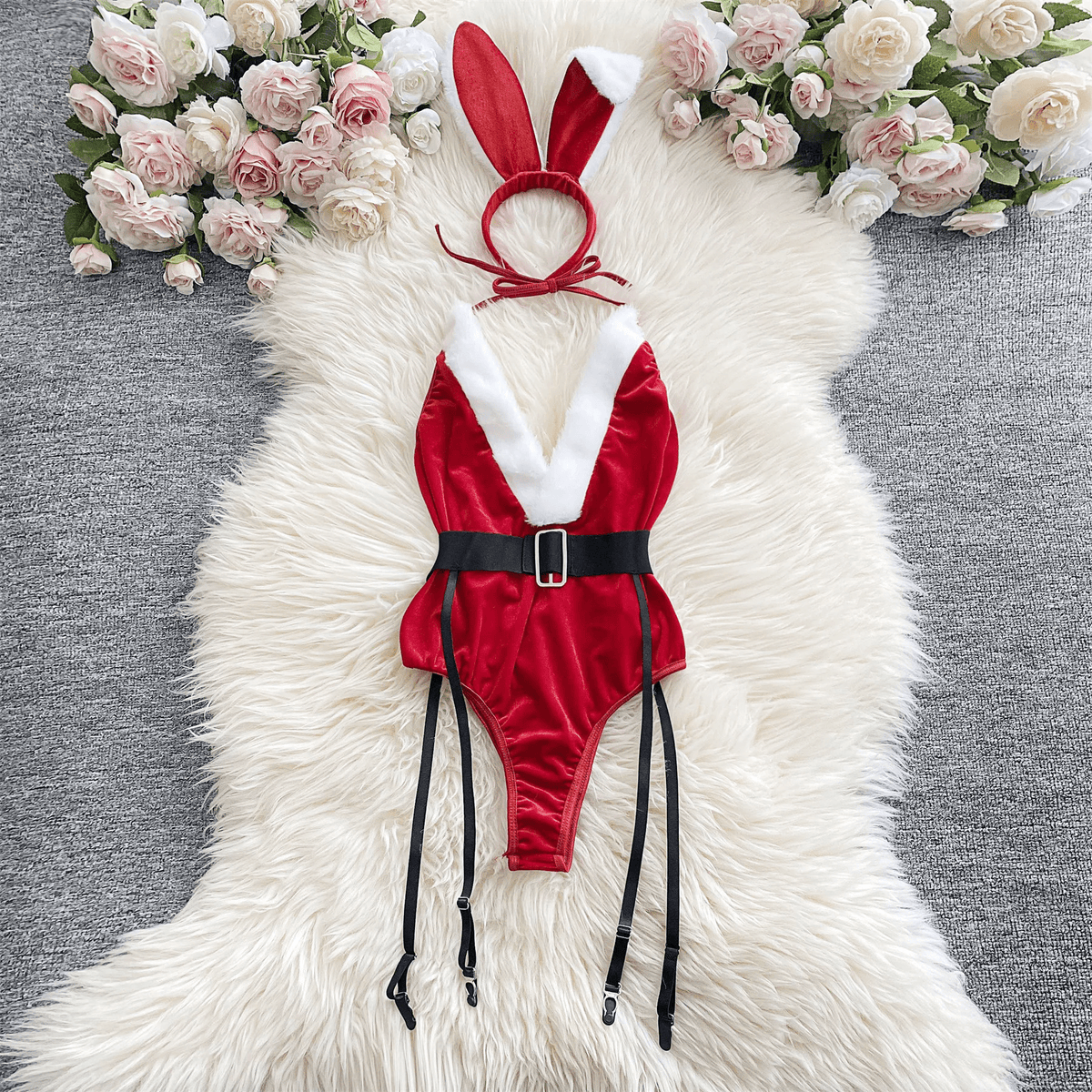Women Velvet Bodysuit Santa Holiday Red Festive