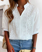 Eira | Women's Blouse | V-Neck, Puff Sleeves | Cotton Mix, Patchwork