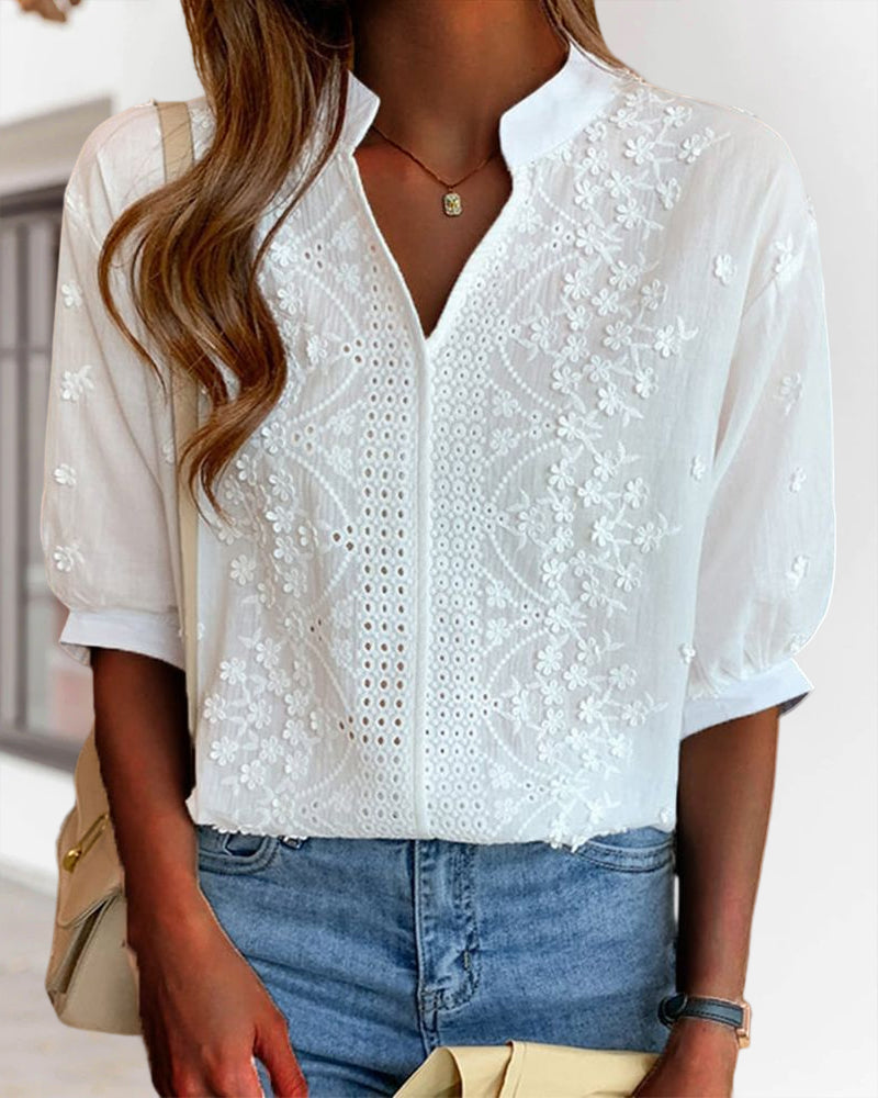 Eira | Women's Blouse | V-Neck, Puff Sleeves | Cotton Mix, Patchwork