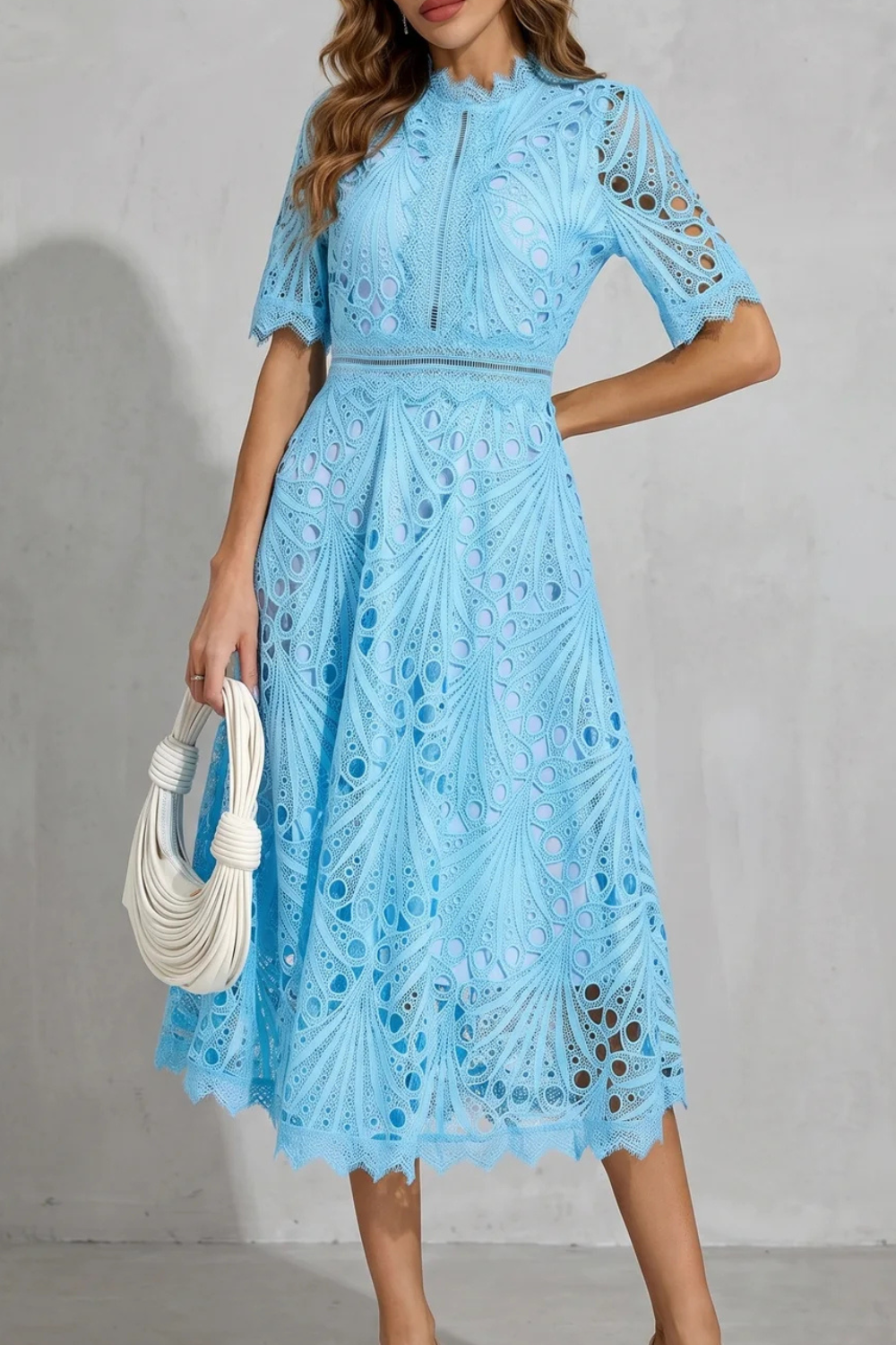 Midi Dress Women Lace Cutwork High Neck Short Sleeve Flared Skirt