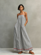 Yvaine | Maxi Dress | Women's Striped, Spaghetti Strap | Red Trim Detail