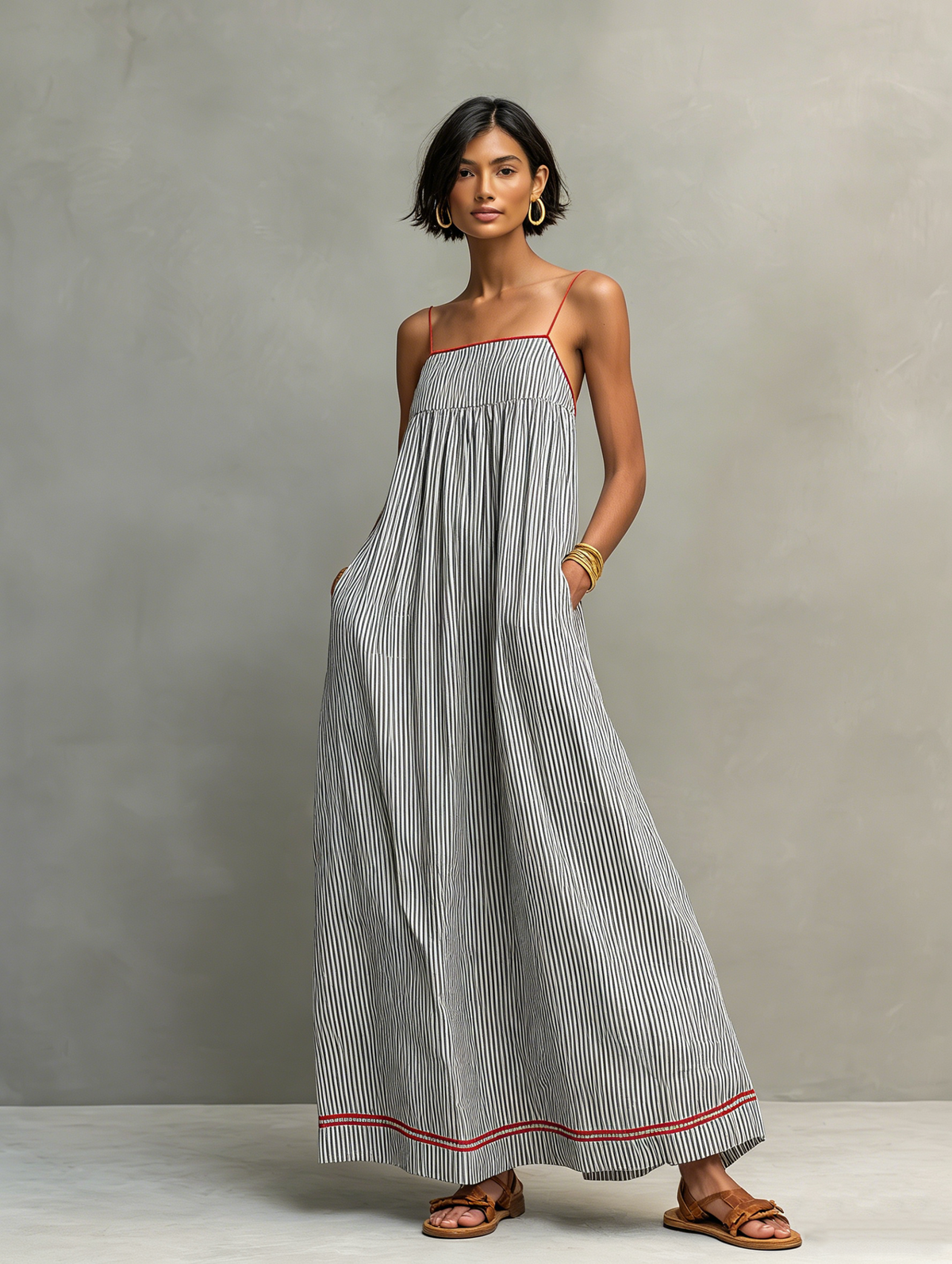 Yvaine | Maxi Dress | Women's Striped, Spaghetti Strap | Red Trim Detail