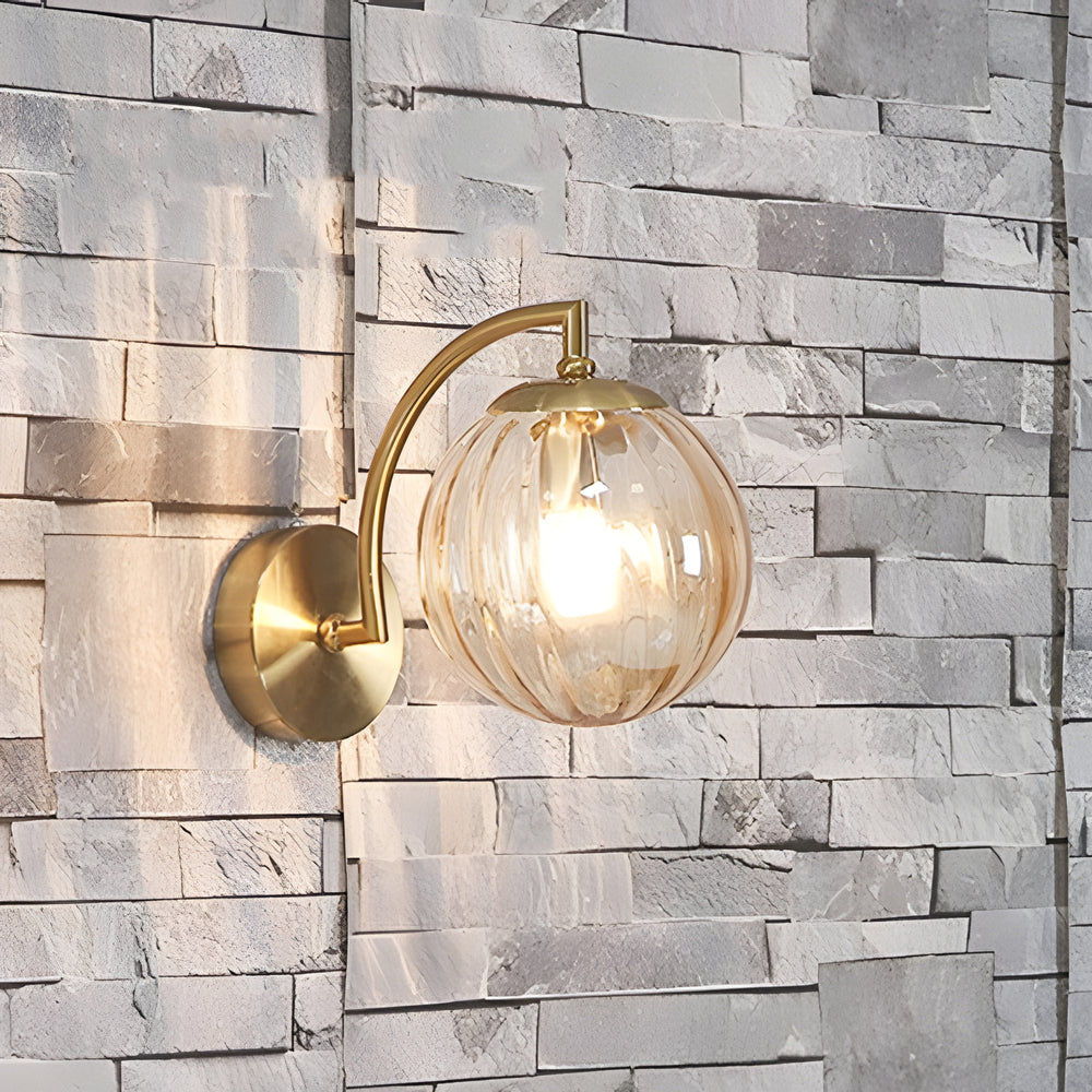 Luna | Wall Lamp | Curved Arm, Spherical Ribbed Glass Shade, 1-Light