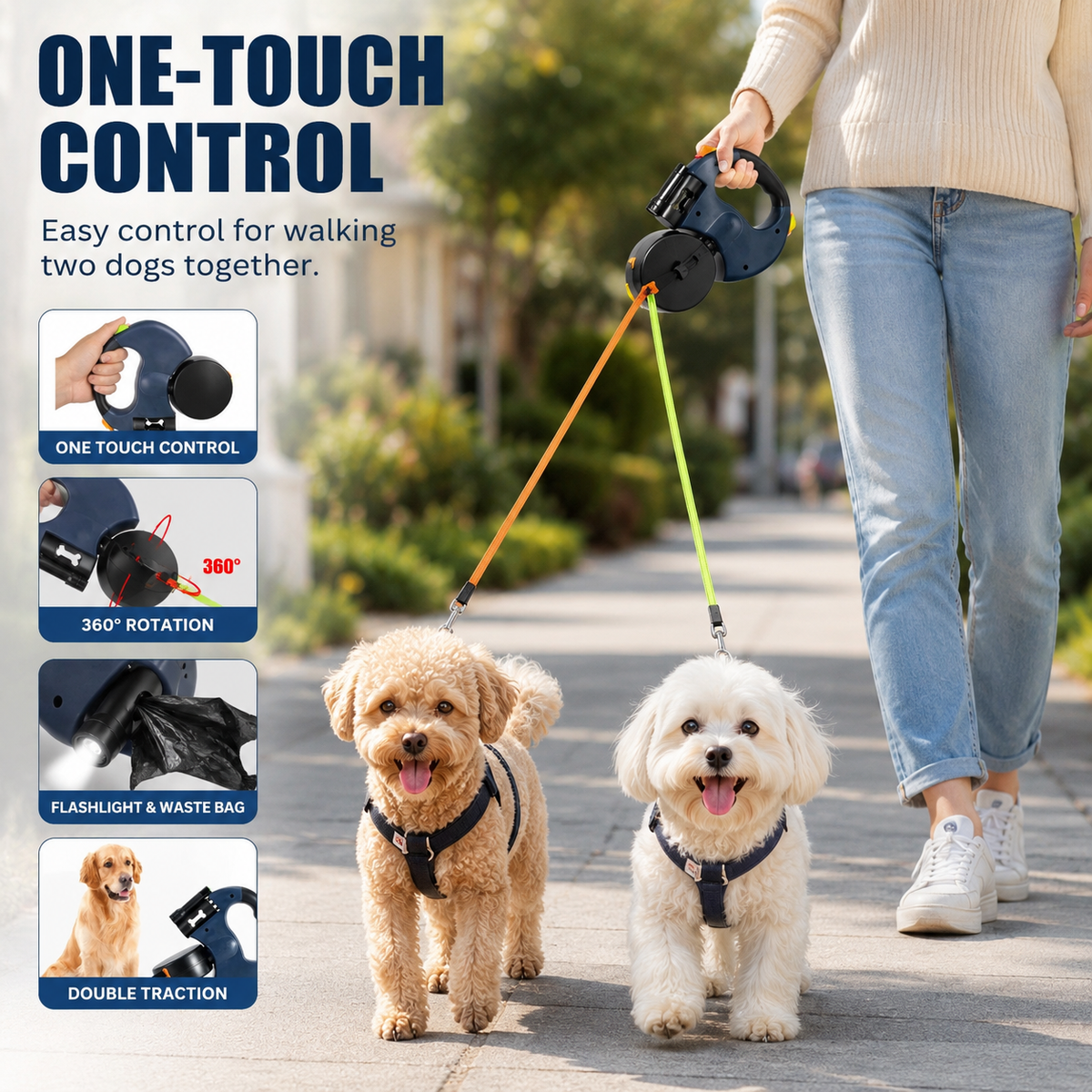 Ottoline | Dual Retractable Dog Leash | Two Dogs, Built-In Flashlight | 10FT