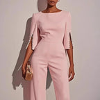 Yvaine | Women's Wide Leg Jumpsuit | Pearl Sleeve Detail, Relaxed Fit