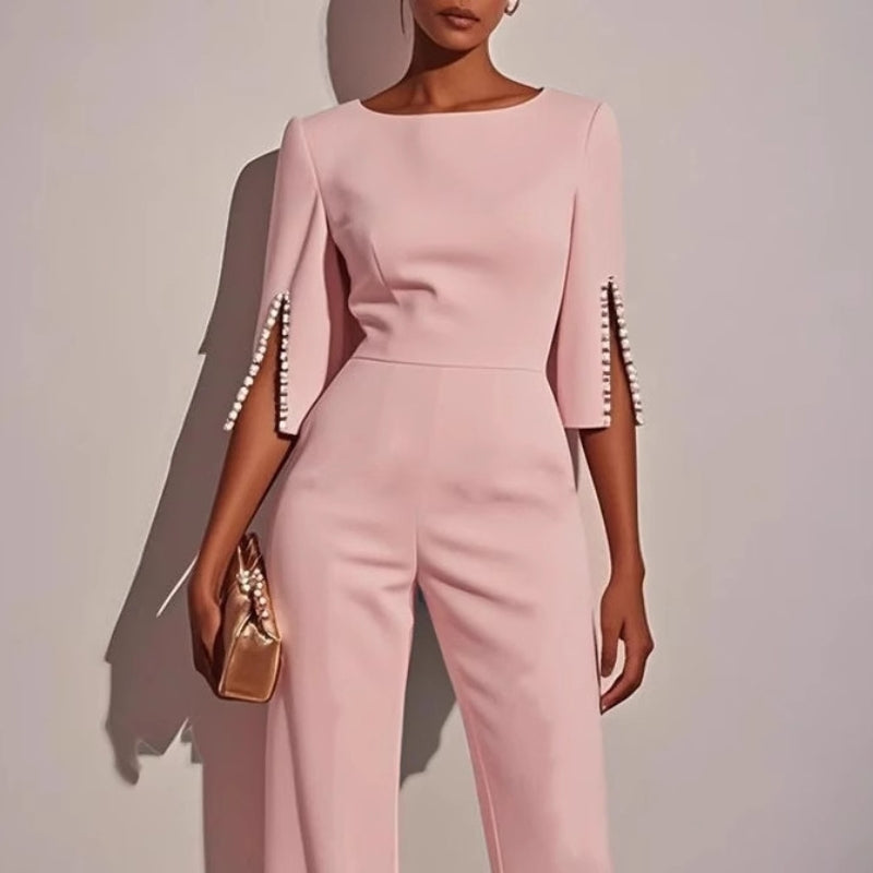 Yvaine | Women's Wide Leg Jumpsuit | Pearl Sleeve Detail, Relaxed Fit