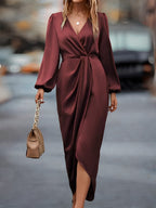 Satin dress women long sleeve maxi length, smooth glossy finish