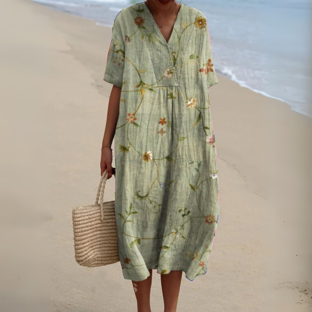 Summer Dress Women V Neck Cotton Linen Blend Floral Print Lightweight