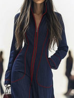Women Denim Jumpsuit Wide Leg Long Sleeve Stand Collar Zip | Jolie