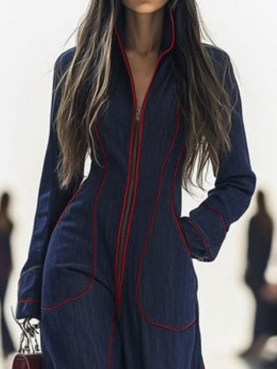 Women Denim Jumpsuit Wide Leg Long Sleeve Stand Collar Zip | Jolie