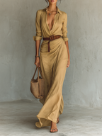 Thea | Maxi Dress | Lapel V-Neck, Belted Waist, Long Sleeve | Cotton Tencel