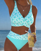 High Waist Bikini Set Women Checkered Two Piece Wireless Bra