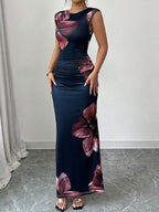 White Maxi Dress Sleeveless Bodycon Floral Print Round Neck
