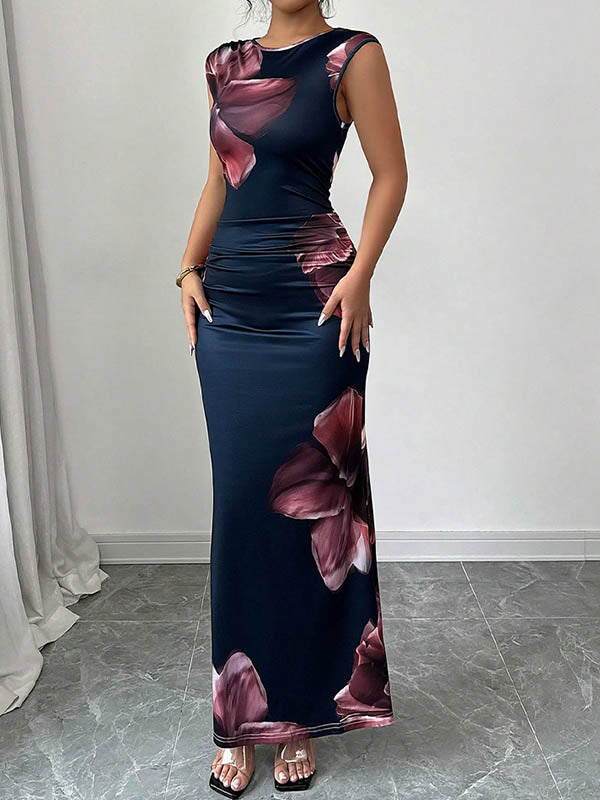 White Maxi Dress Sleeveless Bodycon Floral Print Round Neck