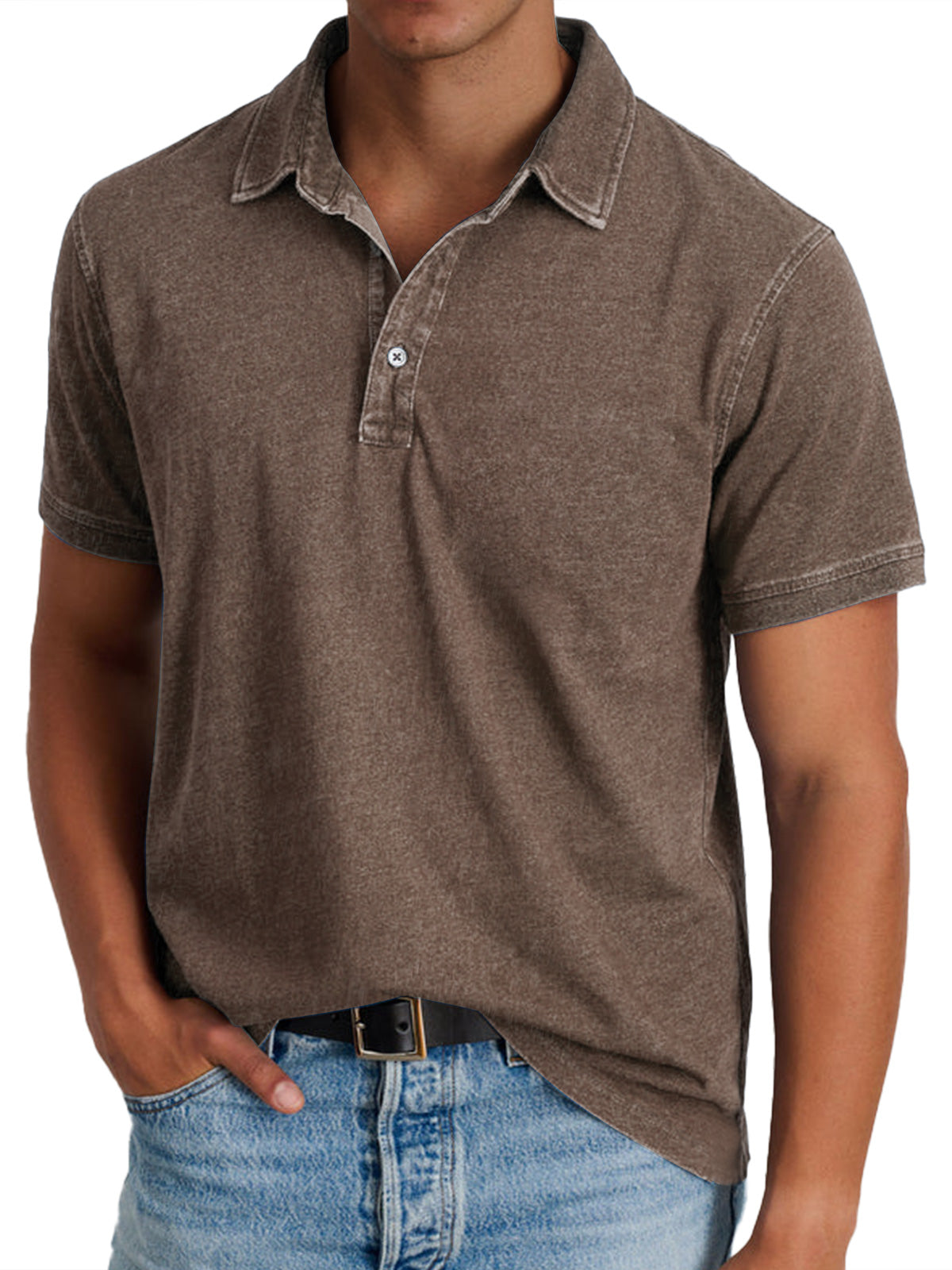 Polo Shirt Men Button Placket Collar Relaxed Fit Lightly Faded