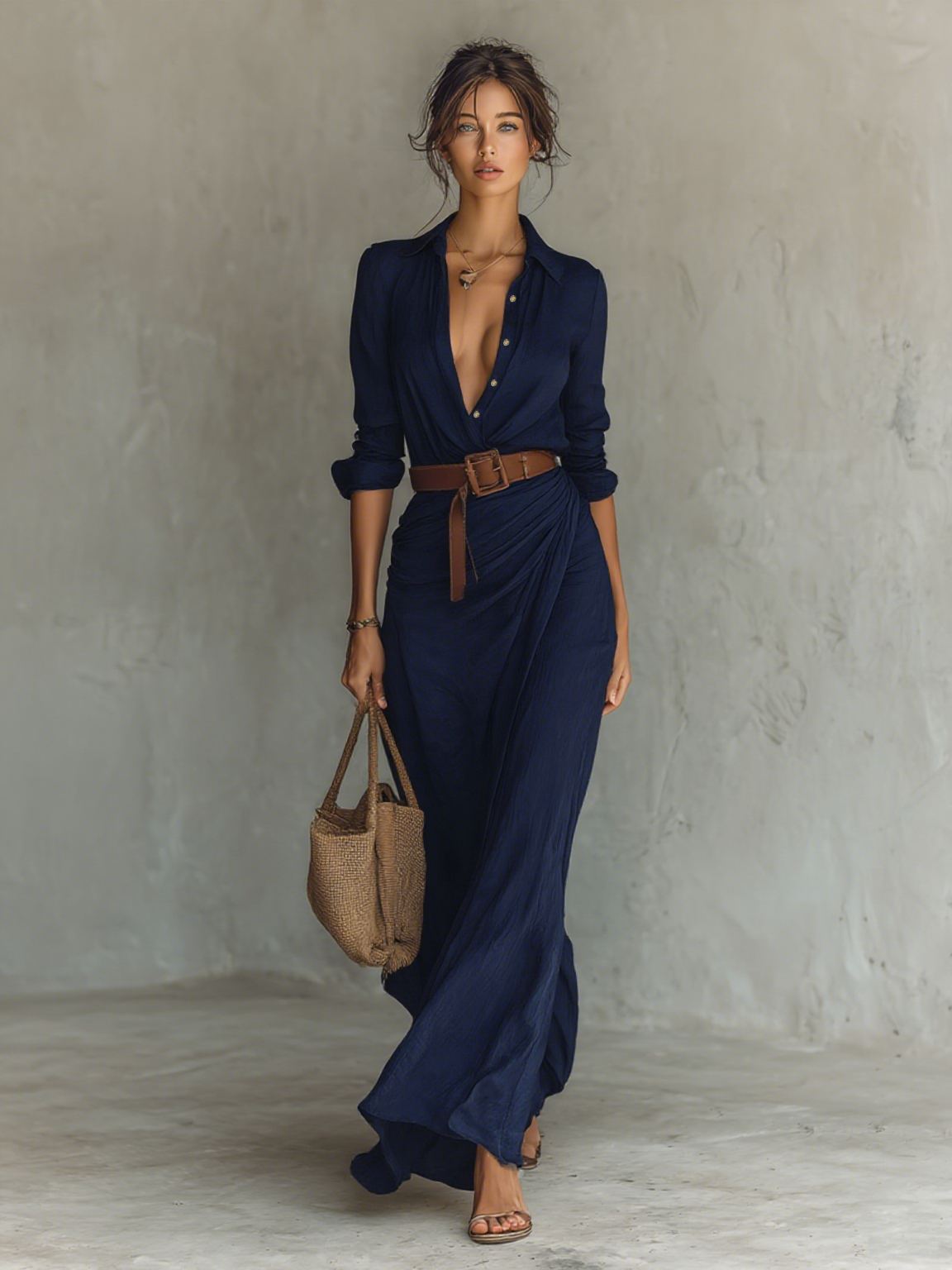 Thea | Maxi Dress | Lapel V-Neck, Belted Waist, Long Sleeve | Cotton Tencel