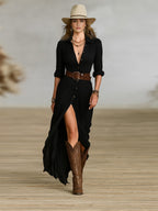 Lux | Long Belted Dress | Pleated Lapels, Waist-Defining Belt | Women's